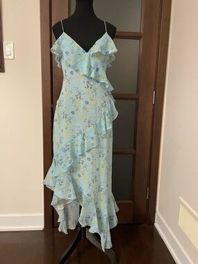 Zara Light Blue Floral Ruffle Dress size M ptp 18-19”